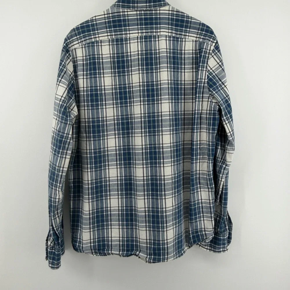 J. Crew Mens Large Blue White Plaid Cotton Long Sleeve Button Down Shirt